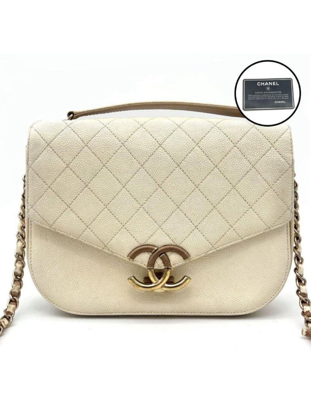 Chanel Quilted 2-Way Shoulder Bag Beige Caviar Leather